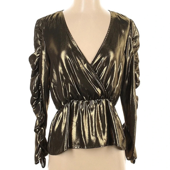 Zara Gold & Black Shimmer Metallic Long Sleeve Peplum Top Blouse Size Small S - Picture 3 of 6